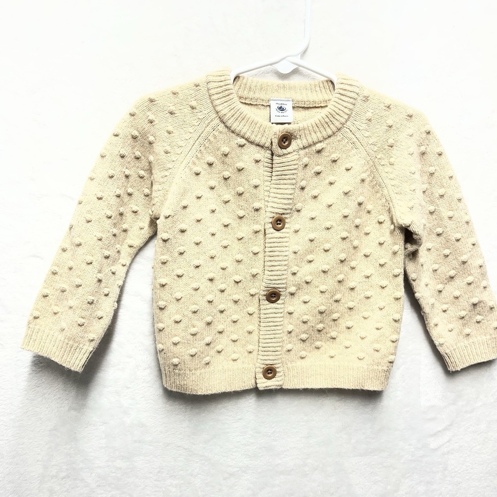 Petit Bateau Knit Popcorn Cardigan Baby Boy 18m Beige Wool Blend